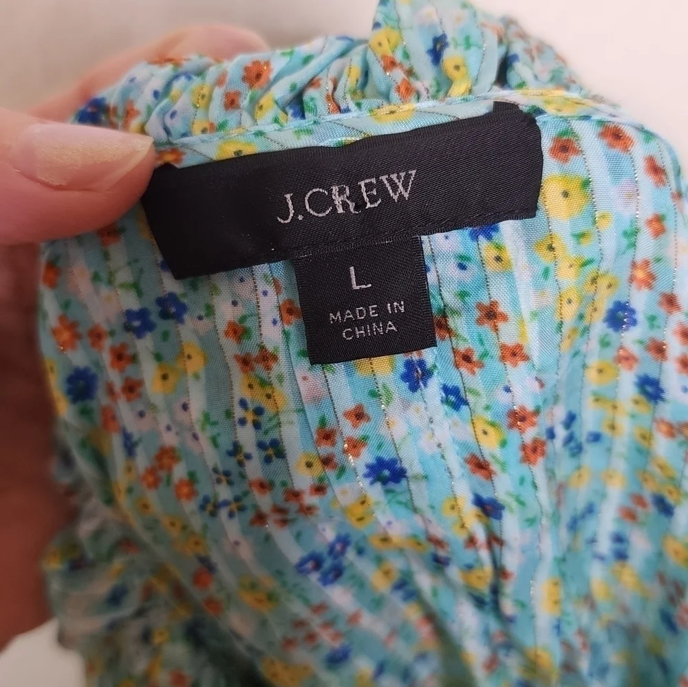 J. Crew Aqua Floral Field  Day Print Ruffle Blouse L